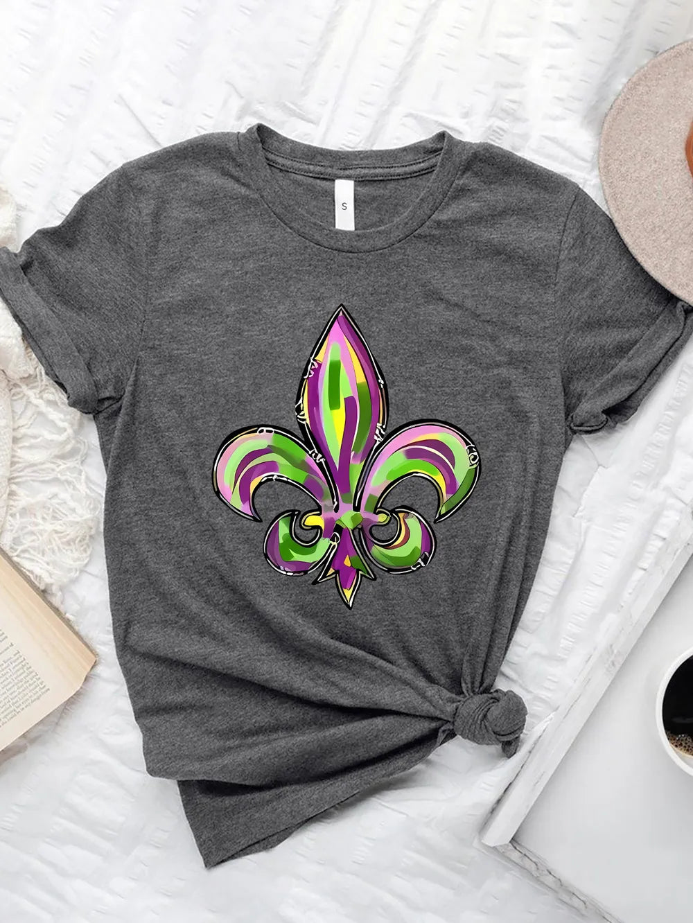 Mardi Gras Graphic Round Neck Short Sleeve T-Shirt in Black for Women