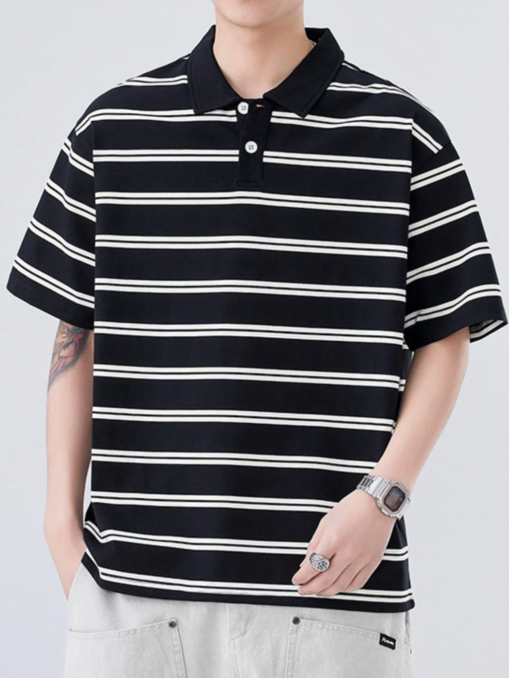 Plus Size Striped Half Sleeve Polo in Apricot for Men