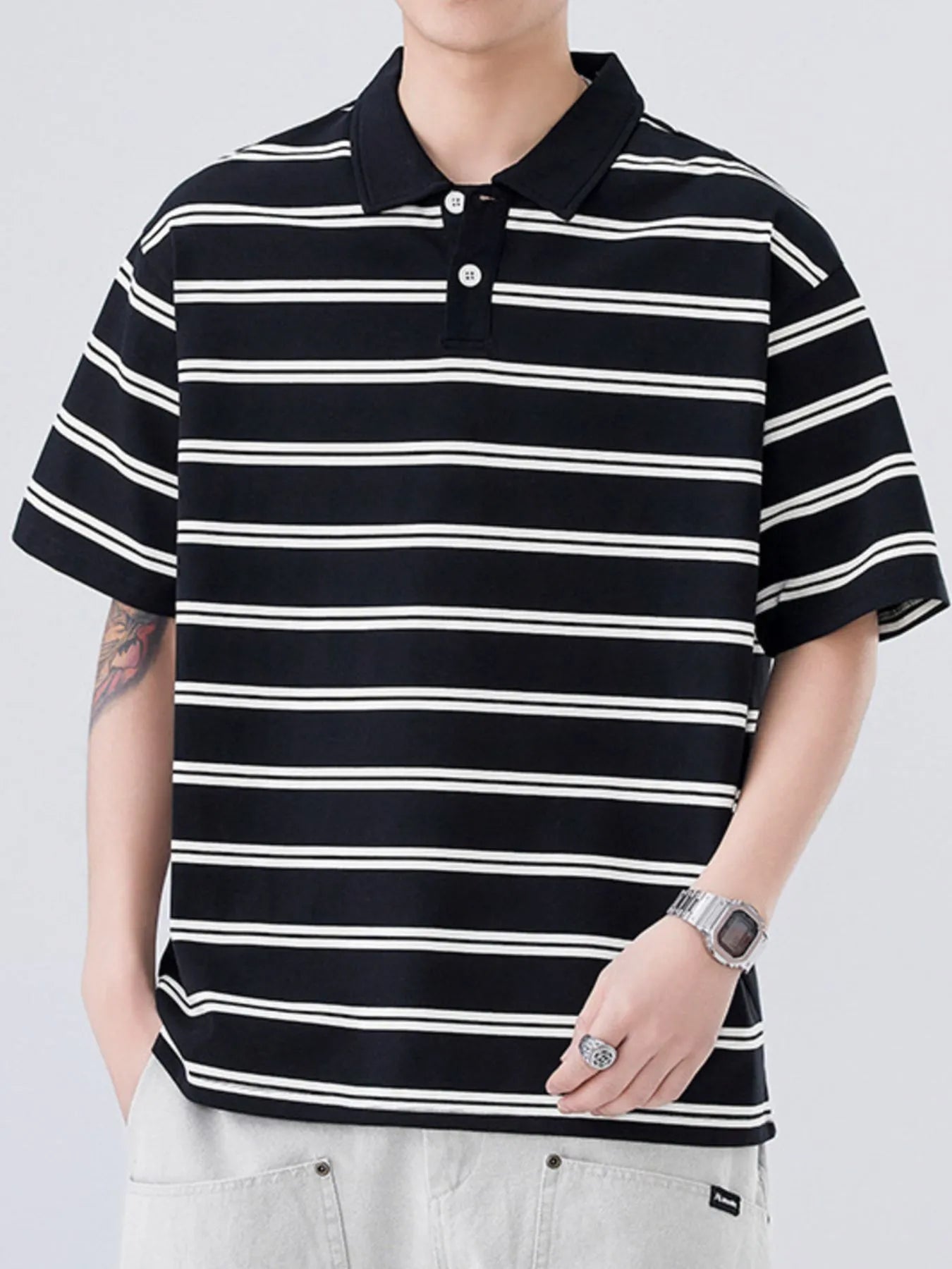 Plus Size Striped Half Sleeve Polo in Apricot for Men