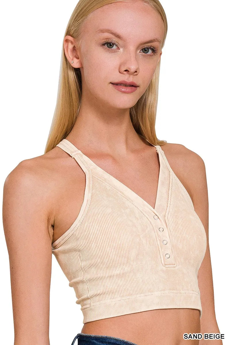 Washed Ribbed Seamless Button V-Neck Tank Top in Sand Beige for Women