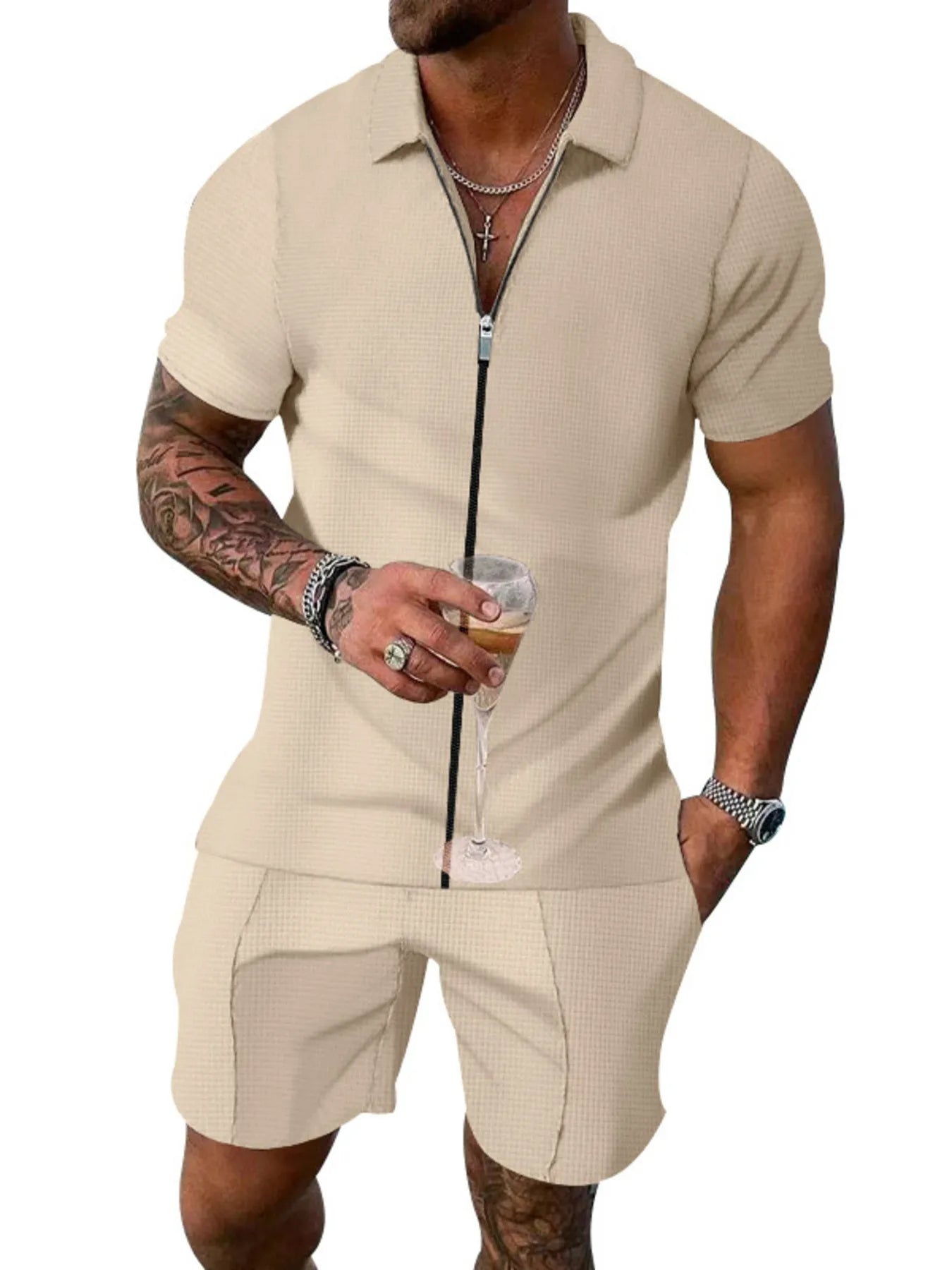 Plus Size Zip Up Short Sleeve Top and Shorts Set in White for Men