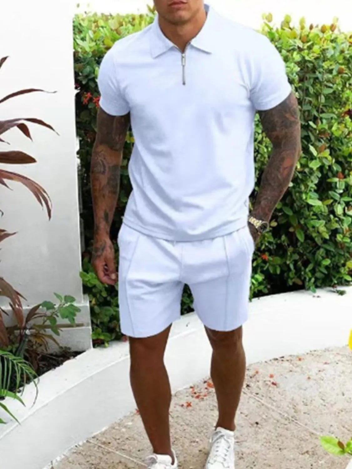 Collared Neck Short Sleeve Top and Shorts Set Plus Size in Black for Men