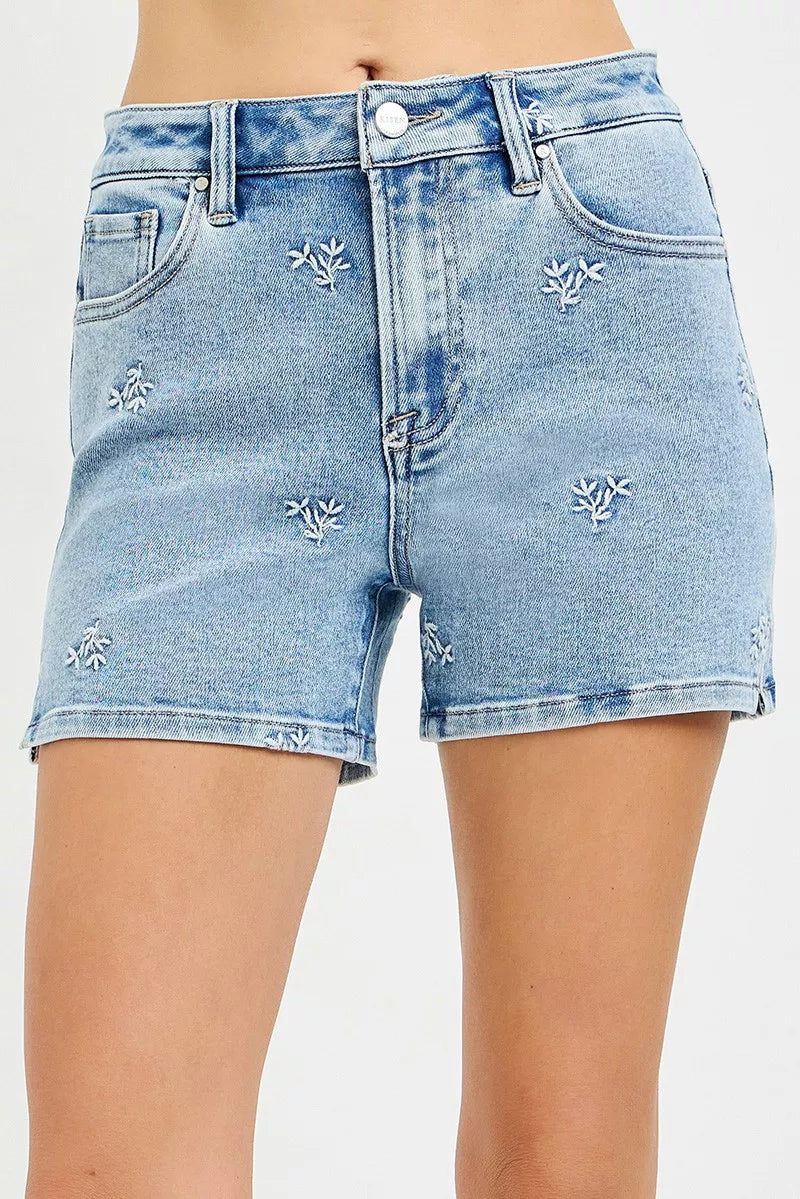 High Rise Denim Shorts with Embroidered Detail in Light for Women