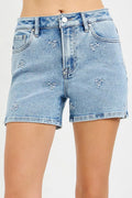 High Rise Denim Shorts with Embroidered Detail in Light for Women
