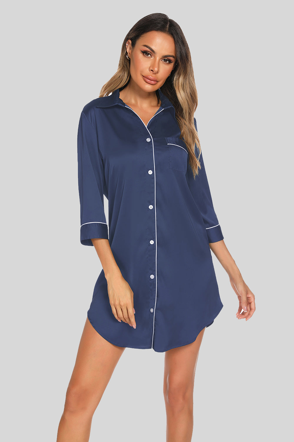 Button Up Collared Neck Night Dress with Pocket in Deep Teal for Women