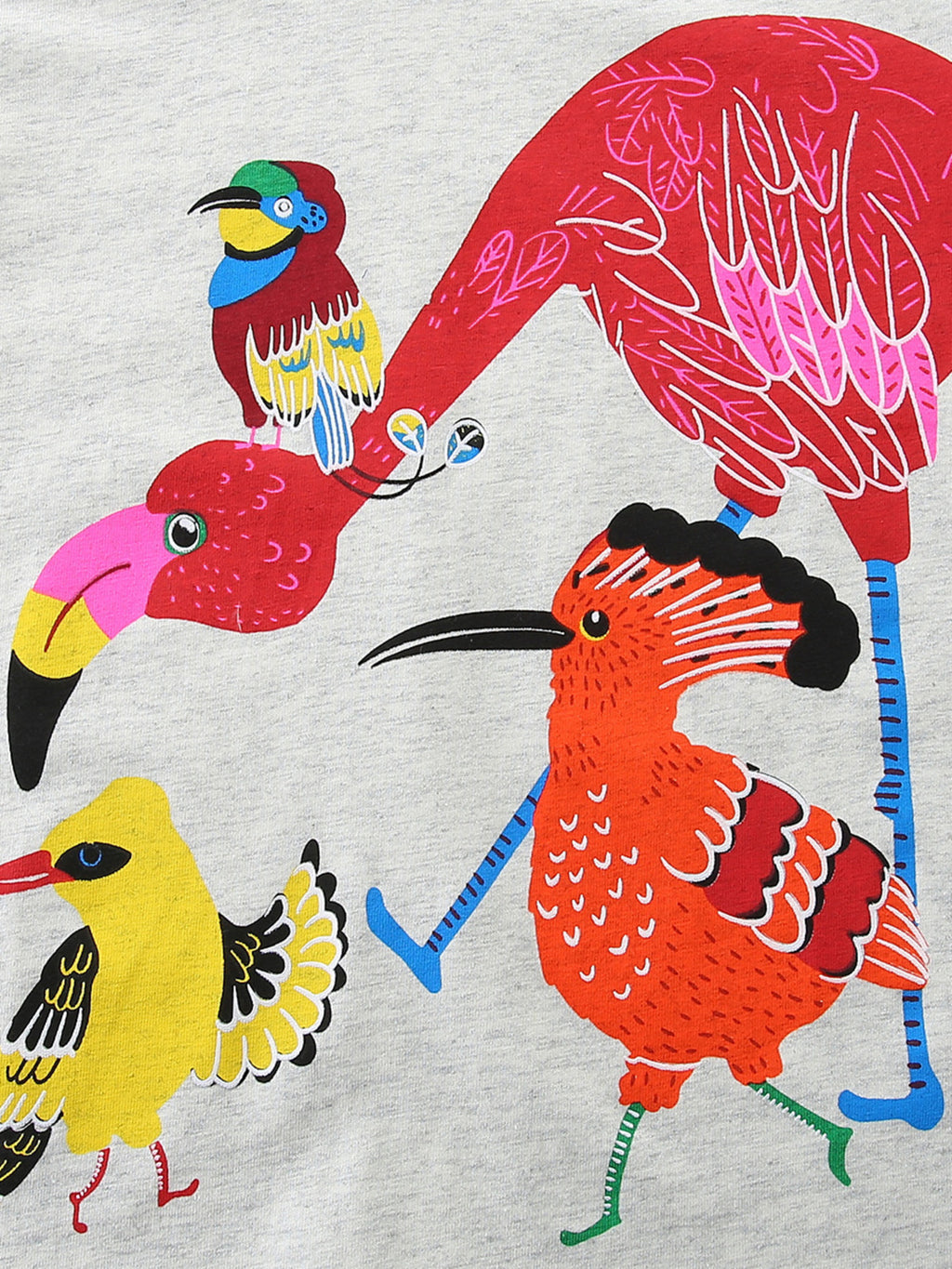 Colorful Birds Print Crew Neck T-Shirt in Light Gray for Girls