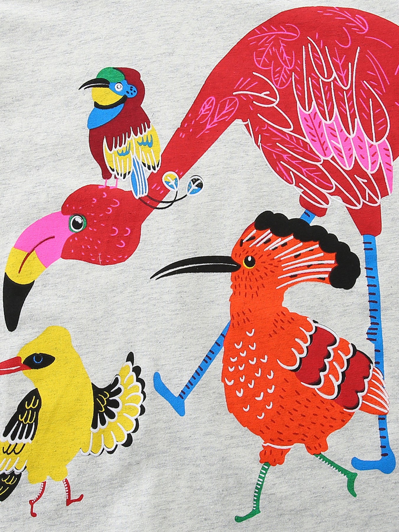 Colorful Birds Print Crew Neck T-Shirt in Light Gray for Girls
