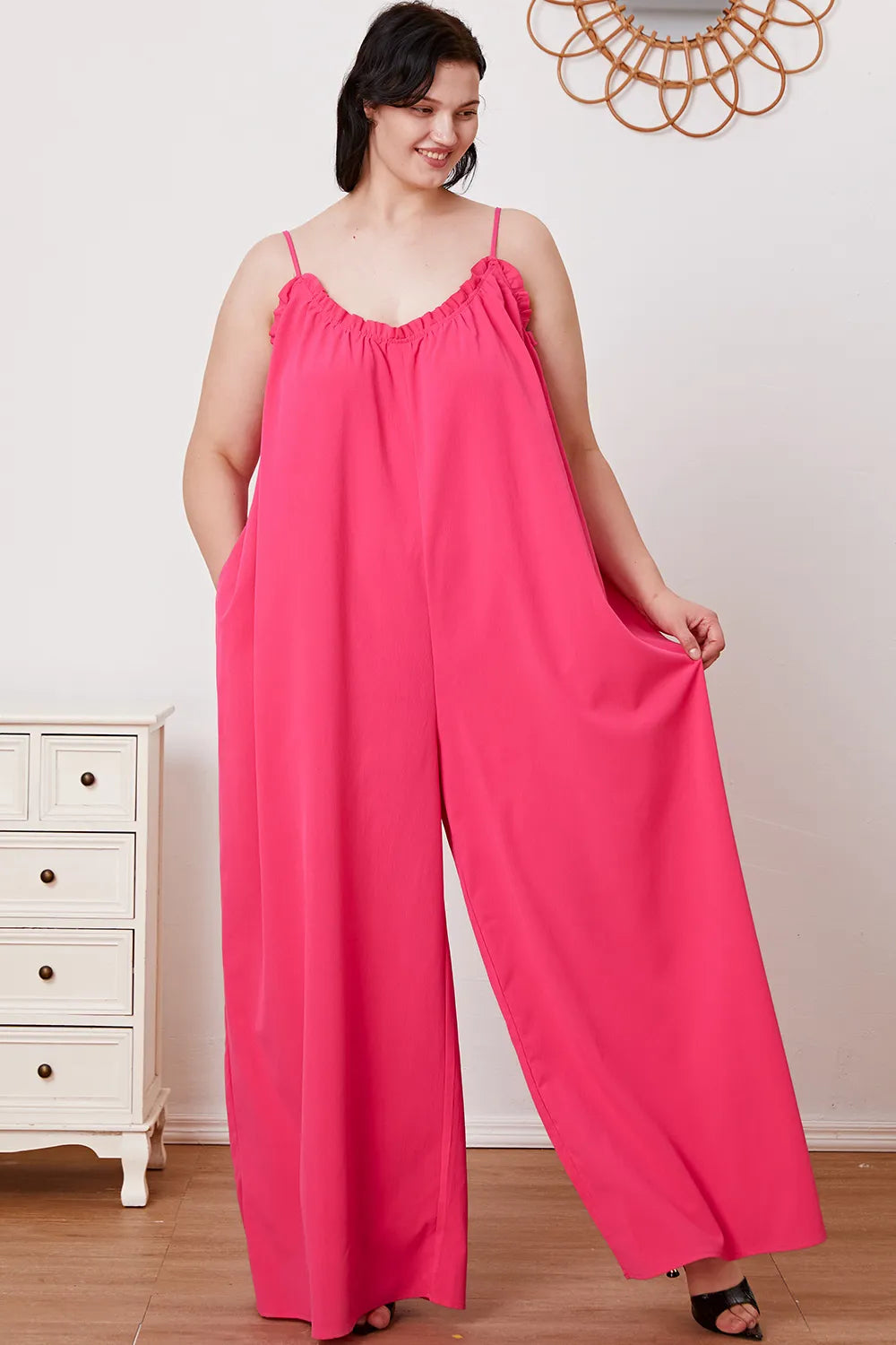 Plus Size Ruffle Trim Tie Back Cami Jumpsuit with Pockets for Women