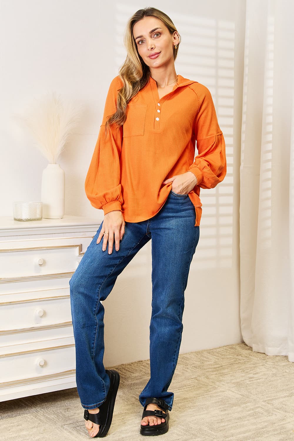 Side Slit Buttoned Waffle Knit Hoodie in Orange for Women
