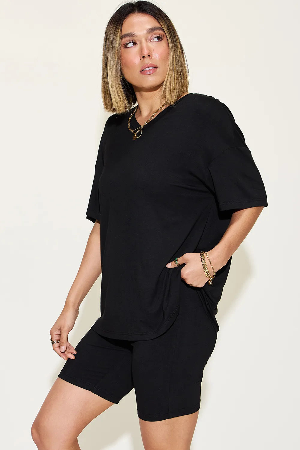 Plus Size V-Neck Drop Shoulder T-Shirt and Shorts Set in Matcha Green for Women