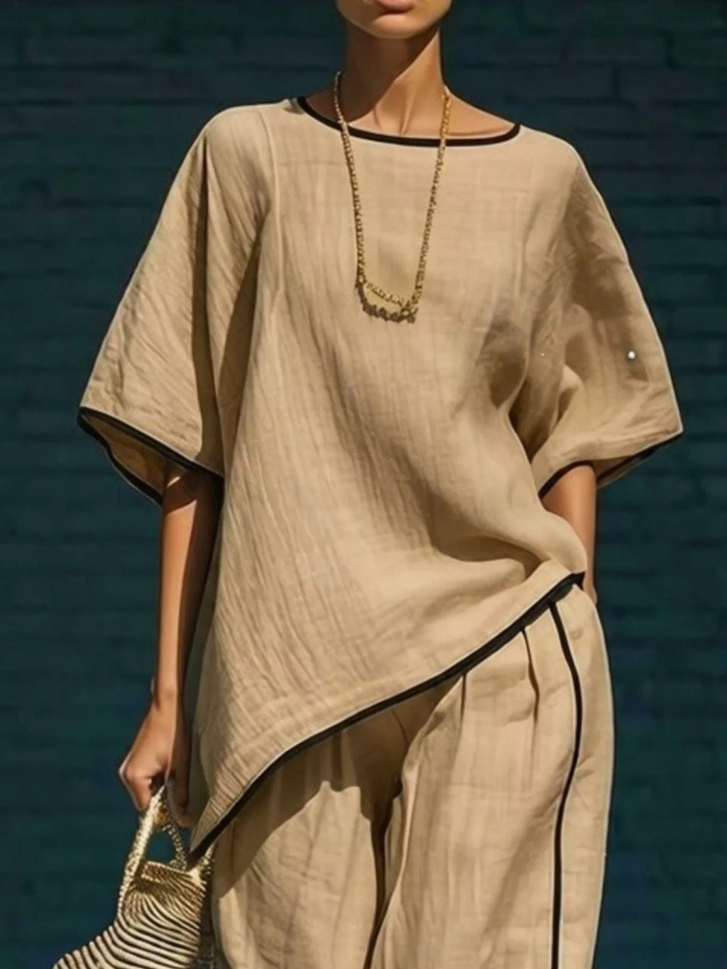 Contrast Trim Round Neck Top and Pants Set in Sky Blue for Women