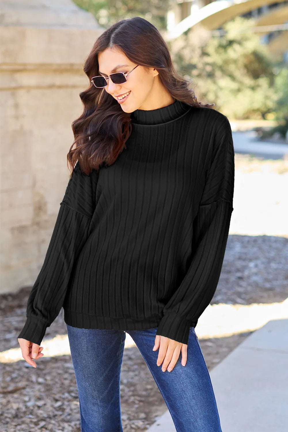 Plus Size Ribbed Exposed Seam Mock Neck Knit Top in Hot Pink for Women