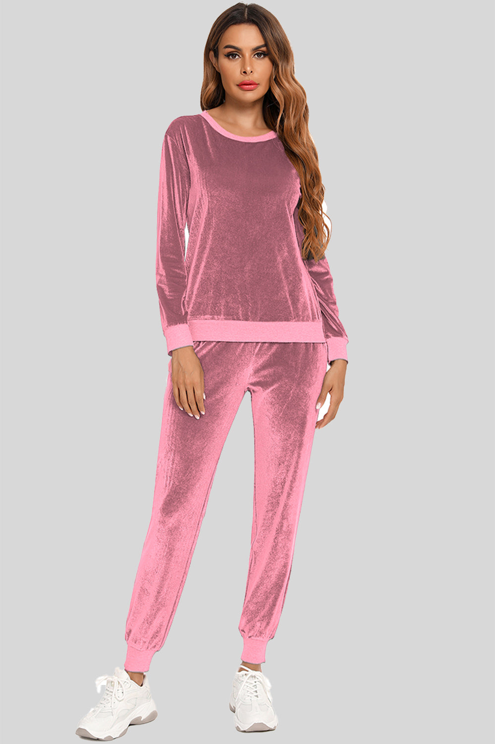 Round Neck Long Sleeve Loungewear Set with Pockets in Black for Women