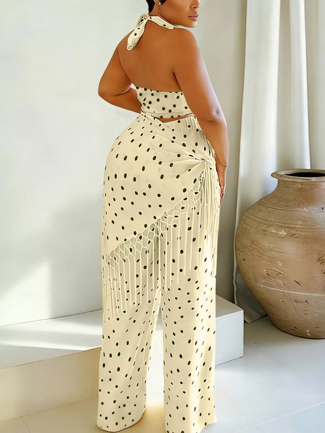Polka Dot Halter Neck Cami and Fringe Trim Pants Set in Cream for Women
