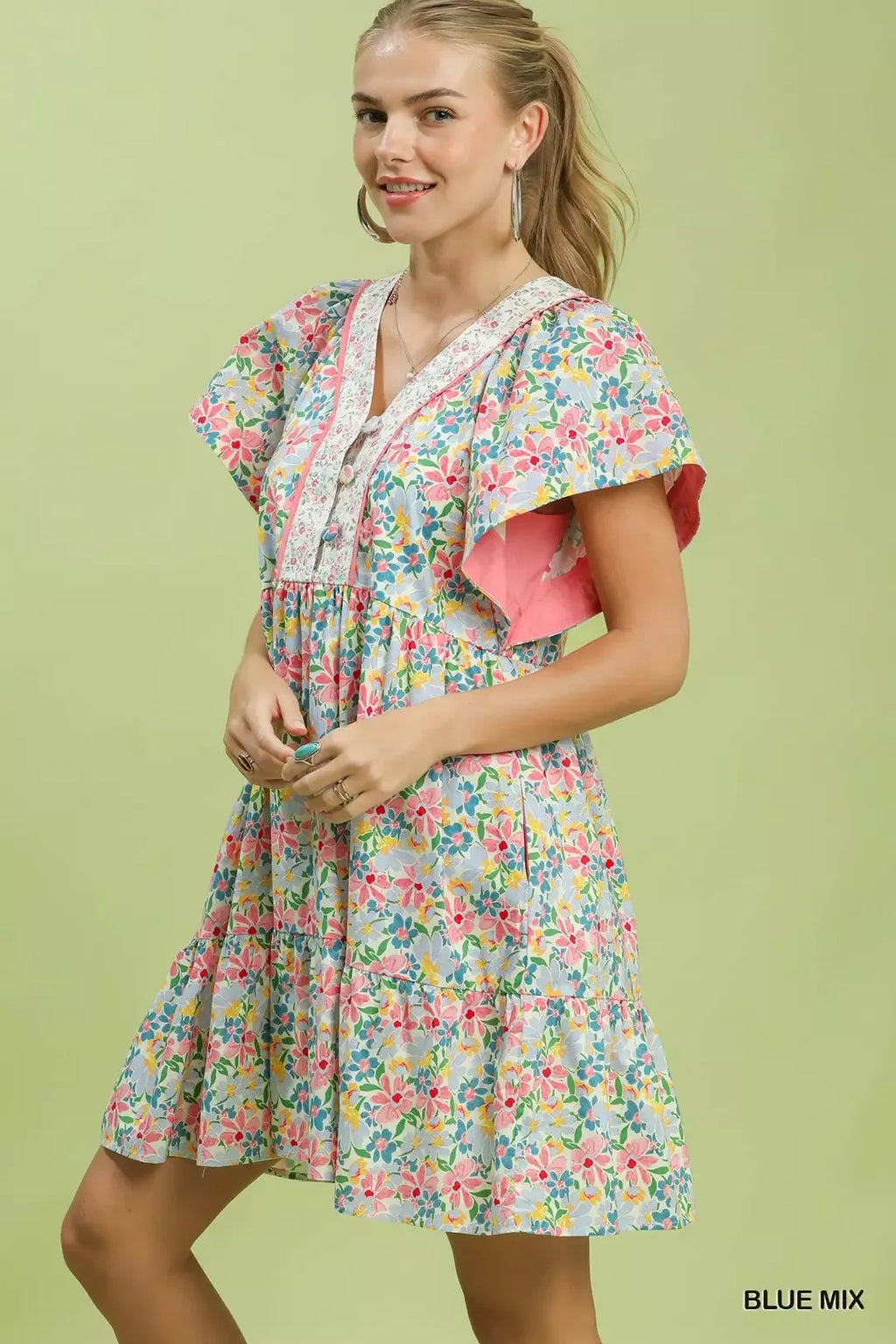 Mix Floral Tiered Mini Dress with Side Pockets in Blue Mix for Women
