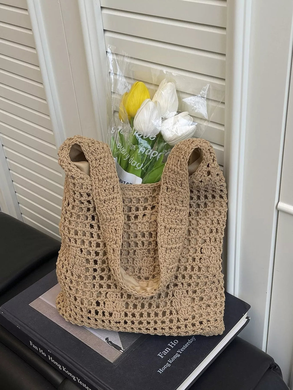 Knitted Crochet Shoulder Bag in Khaki for Women