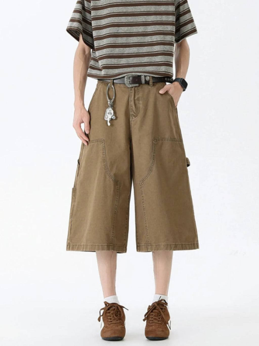 Wide Leg Cargo Denim Shorts Plus Size in Off-White for Men