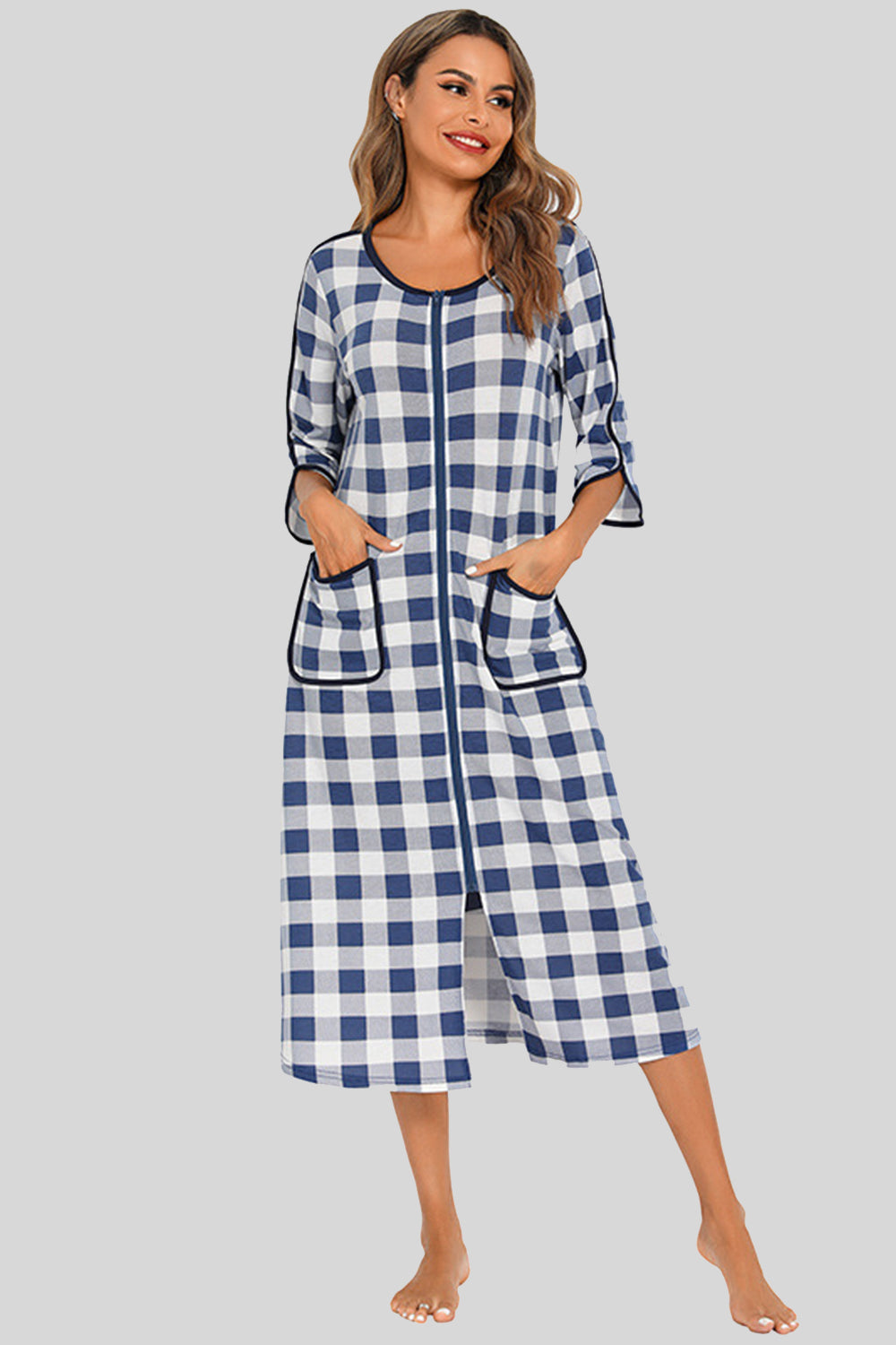 Round Neck Three-Quarter Sleeve Midi Night Dress in Heather Gray for Women