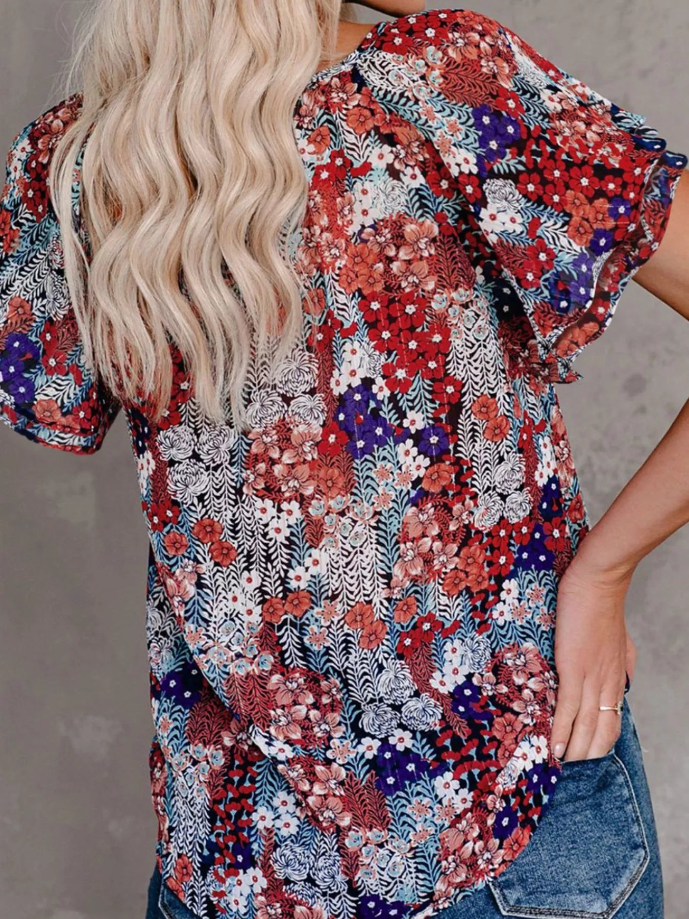 Floral Print V-Neck Shirt Plus Size in Khaki for Women