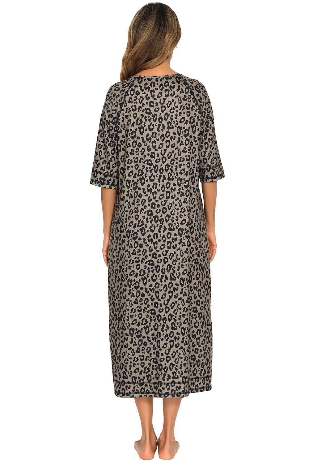 Printed Slit Night Dress with Pockets in Black for Women