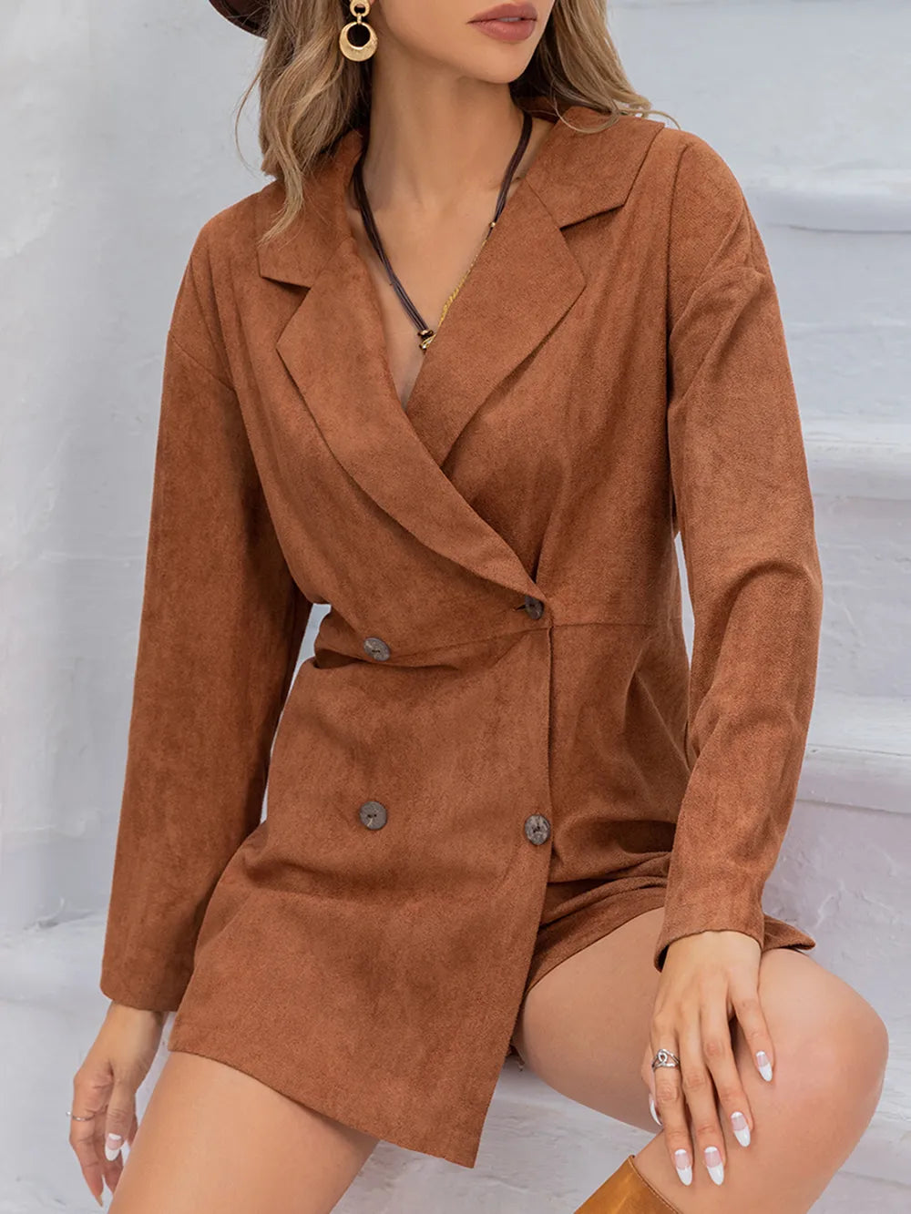 Lapel Collar Long Sleeve Romper in Caramel for Women