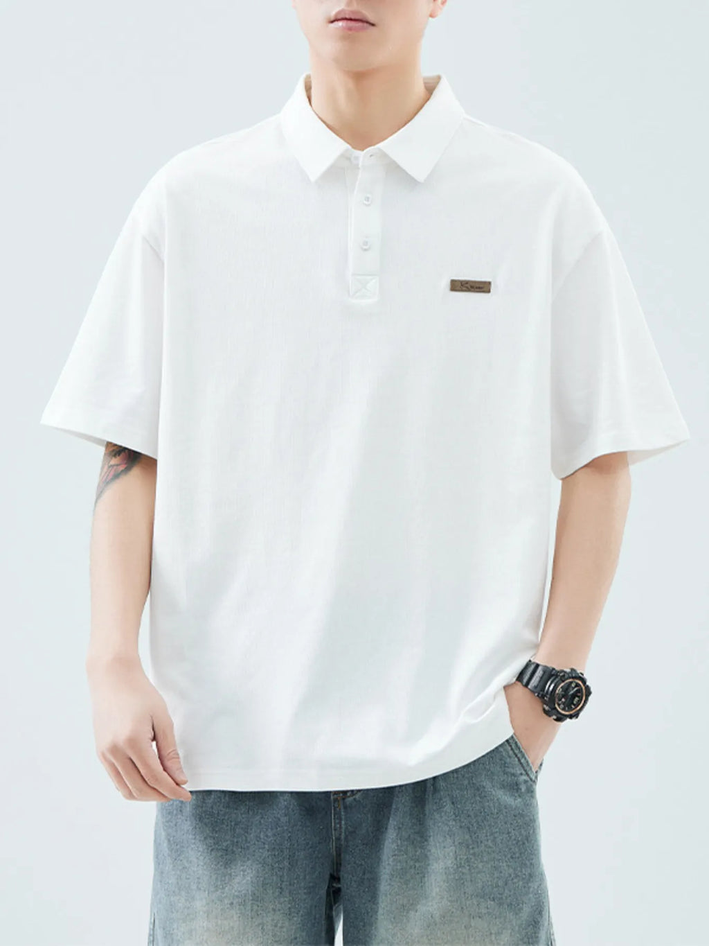 Plus Size Button Detail Half Sleeve Polo in White for Men