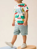 Fish Print Round Neck Tee in White for Boys