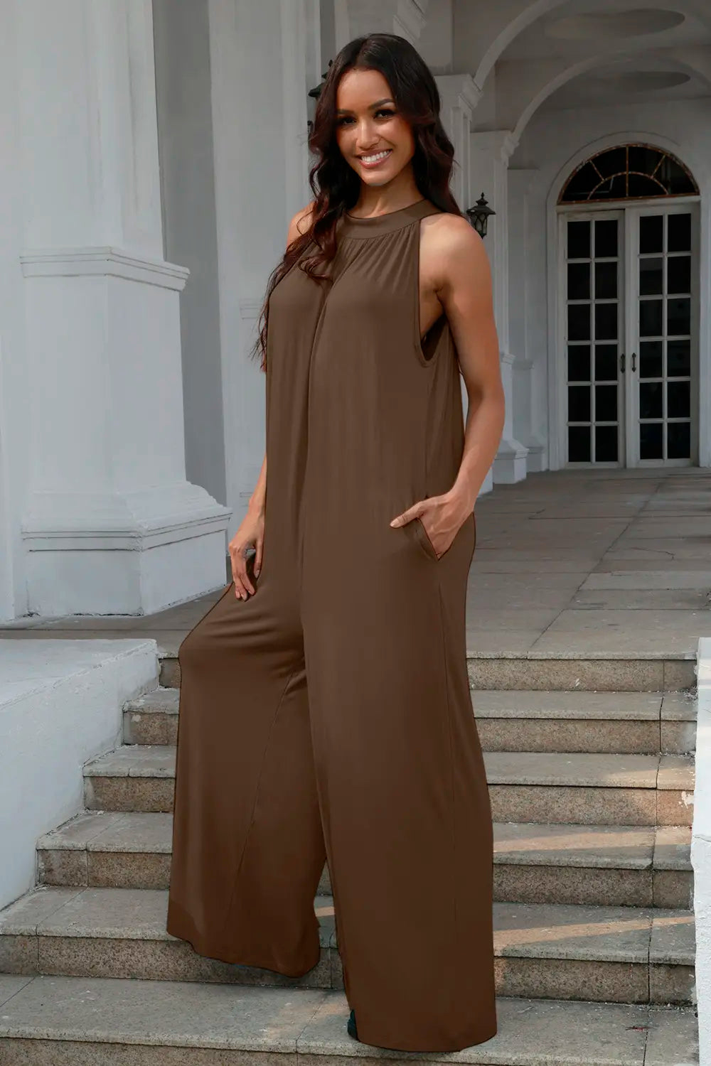 Plus Size Tie Back Cutout Sleeveless Jumpsuit in Brown for Women