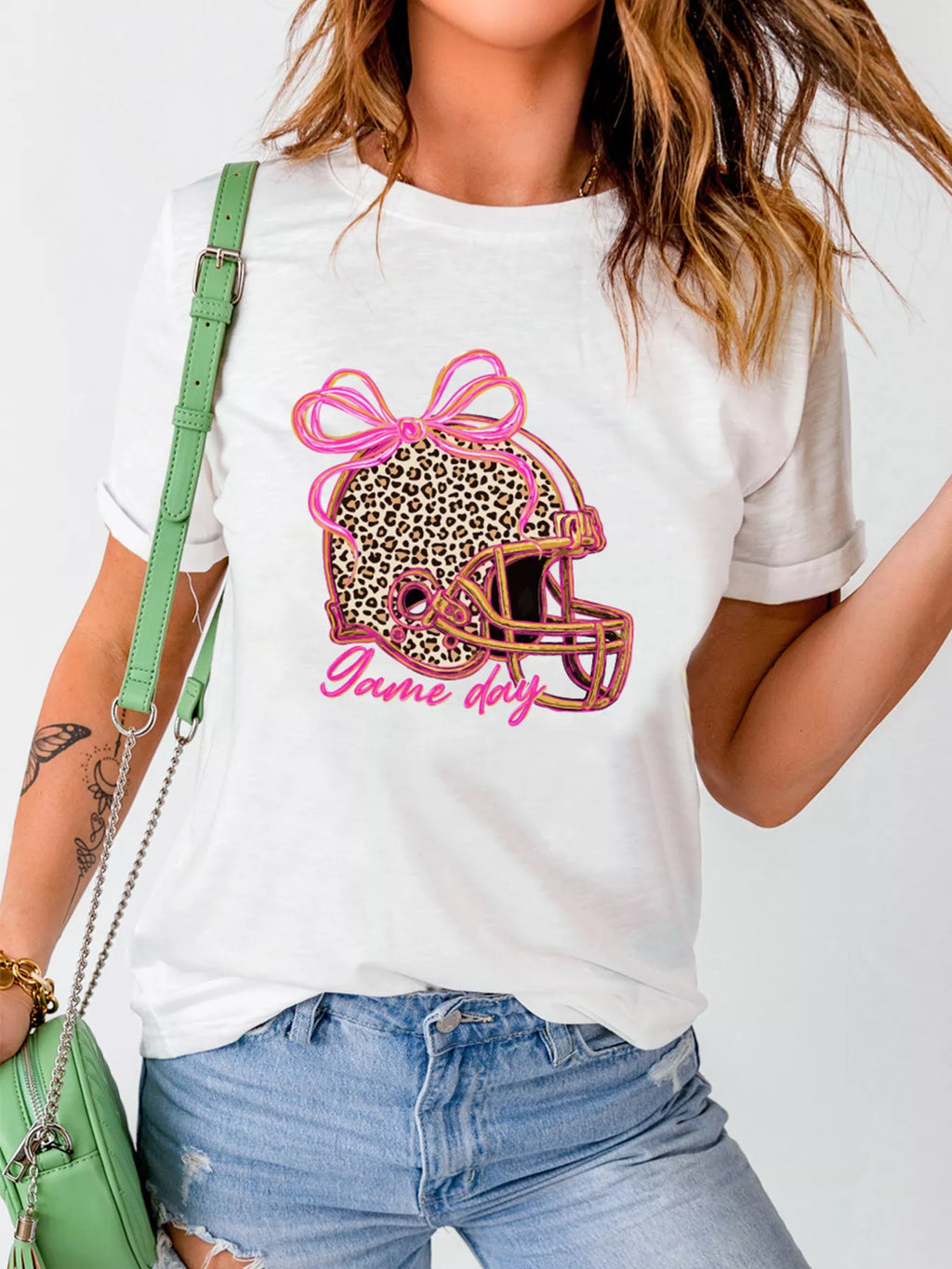 Leopard Game Day Helmet Graphic Tee in White for Women
