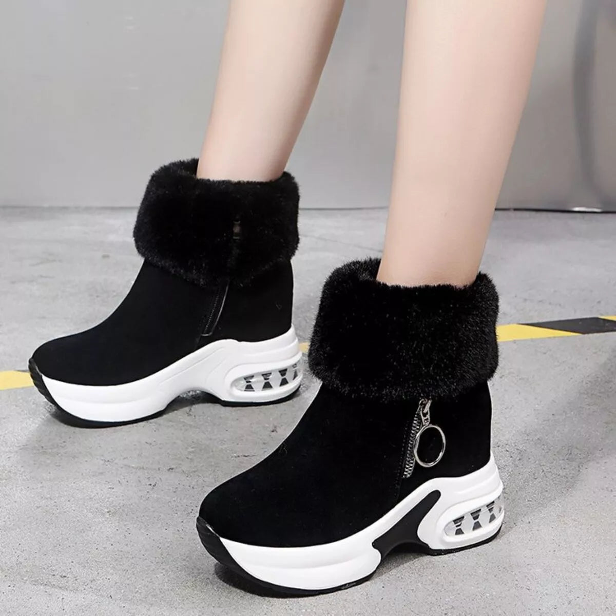 Fuzzy Side Zipper Platform Ankle Boots in Black for Women