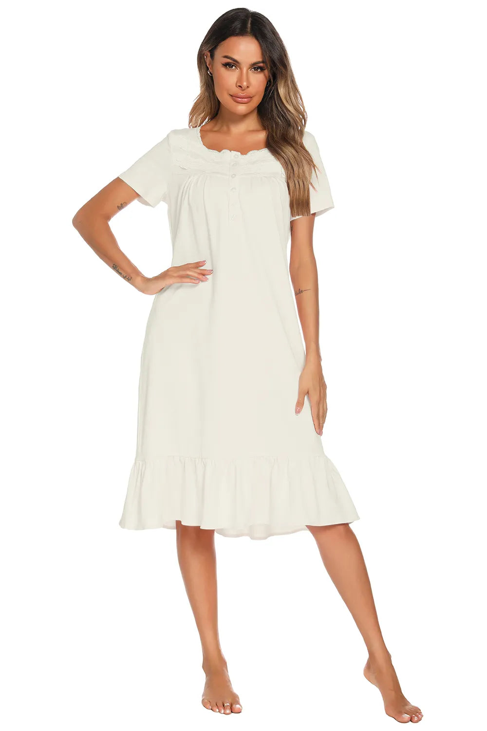 Lace Detail Square Neck Lounge Dress in White for Women