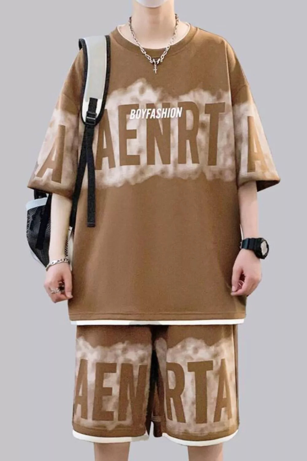 Plus Size Letter Round Neck Tee and Shorts Set in Light Green for Men