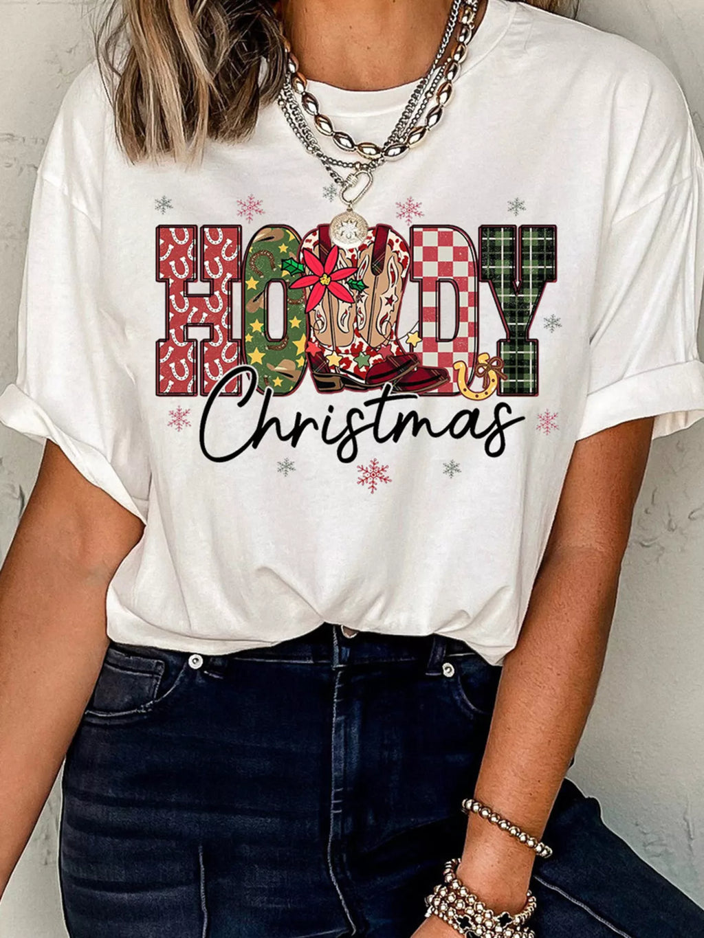 Howdy Christmas Festive Letter Printed Crew Neck T-Shirt in White for Women
