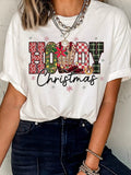 Howdy Christmas Festive Letter Printed Crew Neck T-Shirt in White for Women