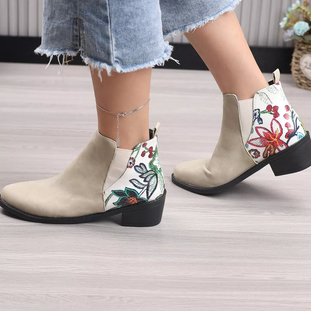 Point Toe Block Heels Ankle Boots in Green Pattern for Women