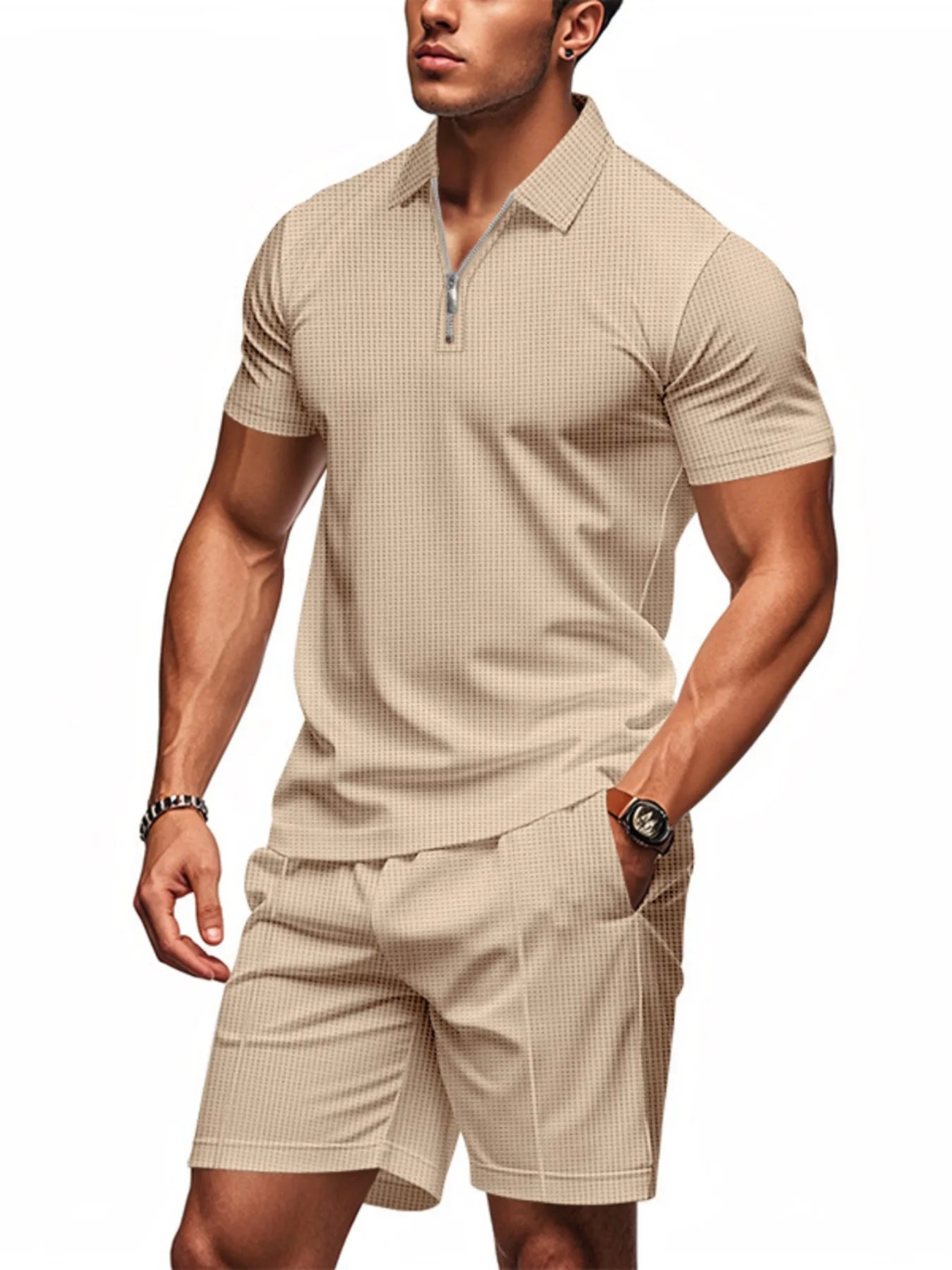 Plus Size Quarter Zip Short Sleeve Top and Shorts Set in White for Men