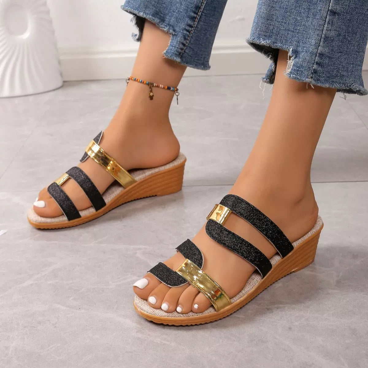 Open Toe Wedge Sandals in Black for Women