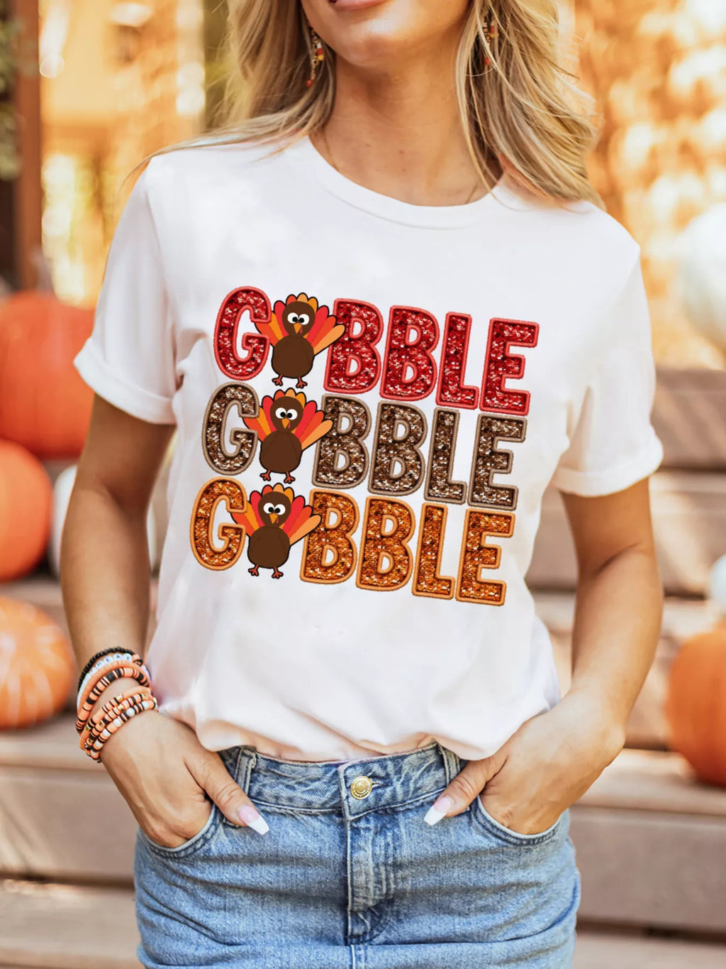 Gobble Thanksgiving Turkey Print T-Shirt in White for Women