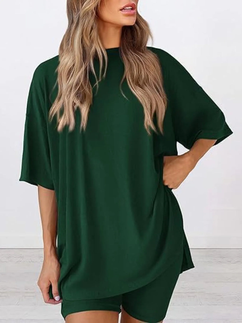 Oversized Slit Round Neck Top and Shorts Lounge Set Plus Size in Burgundy for Women