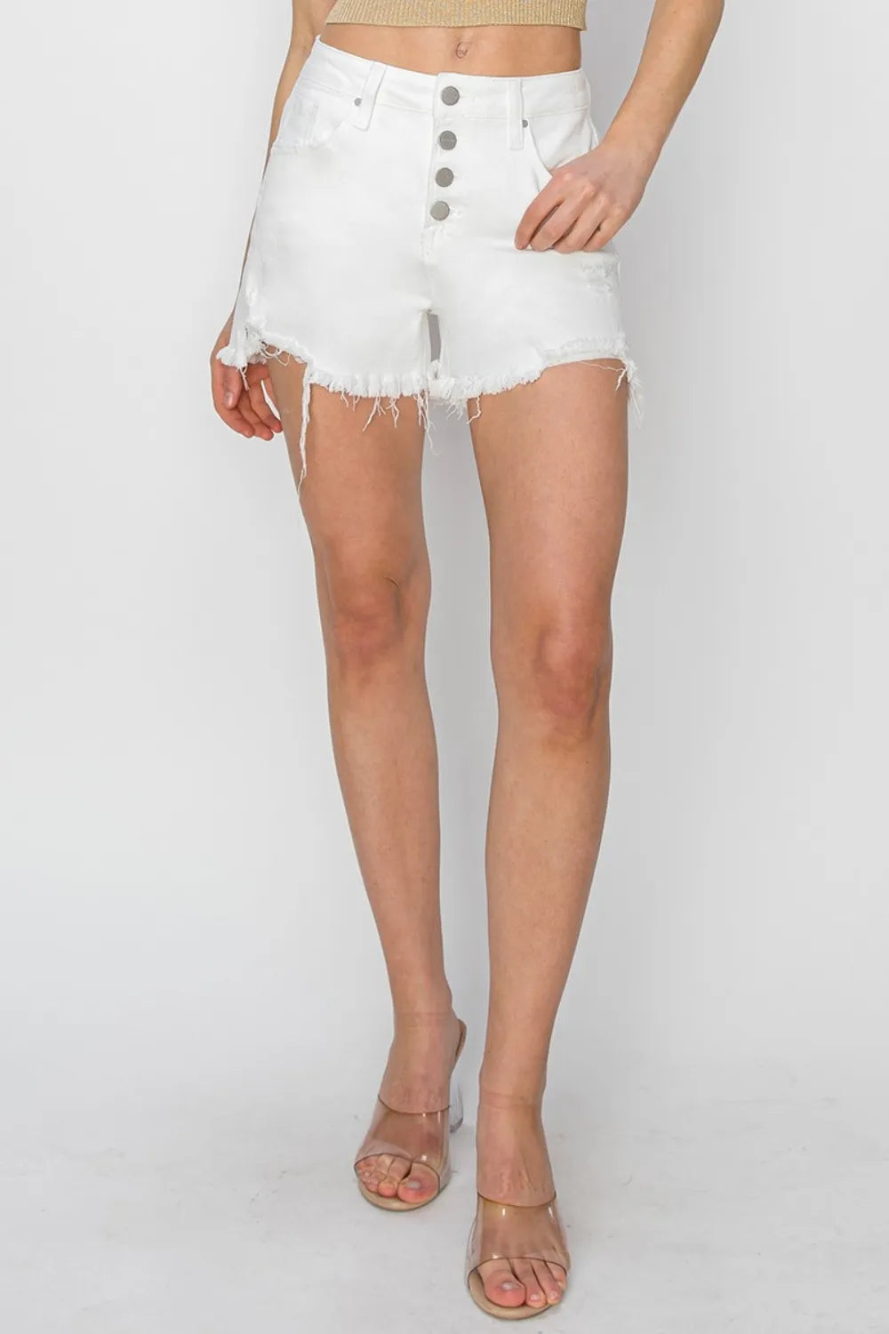 Button Fly Frayed Hem Denim Shorts in White for Women
