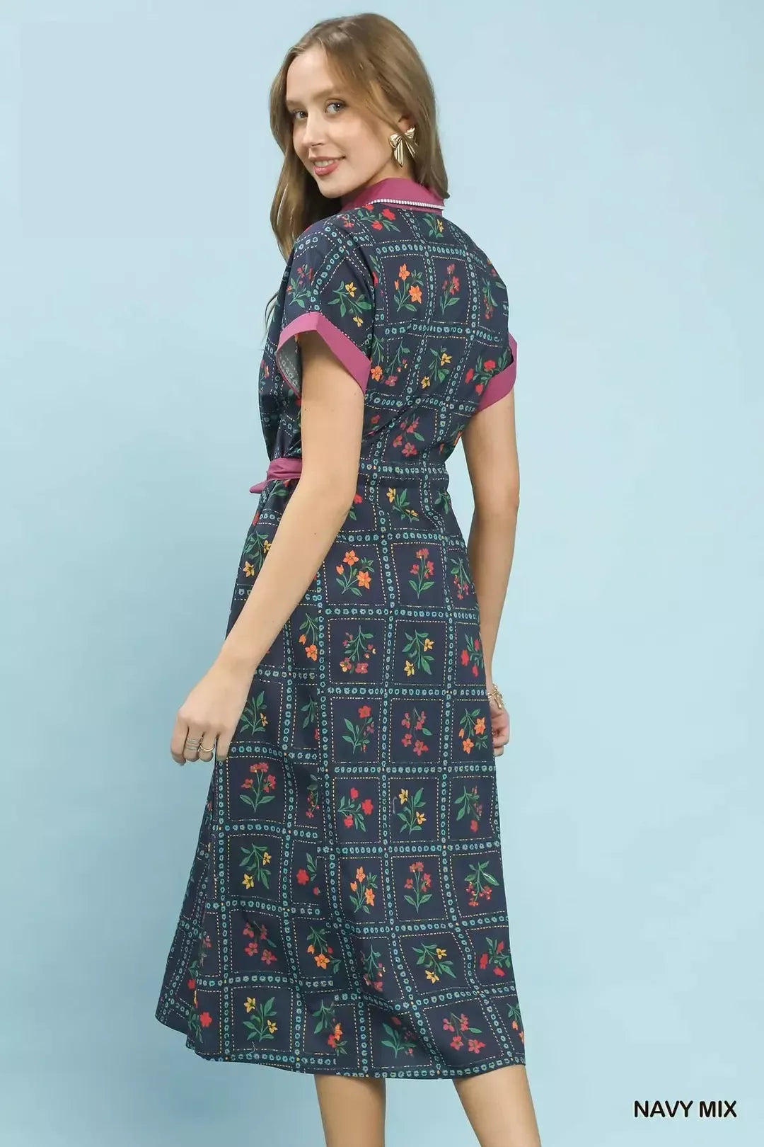 Mix Floral Button-Front Midi Dress in Navy Mix for Women