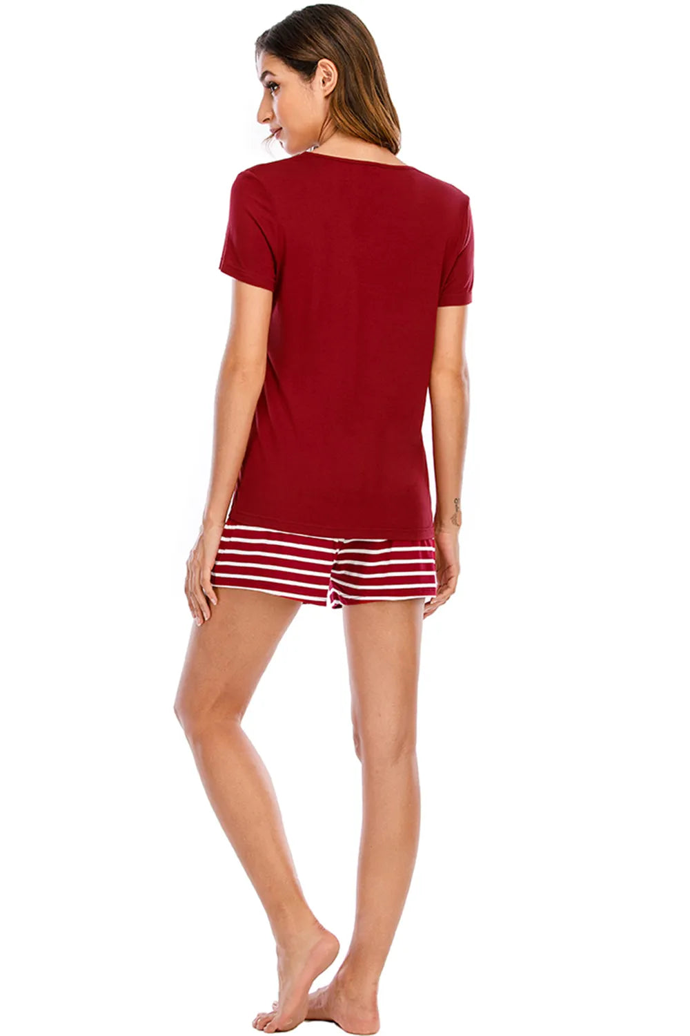 Graphic Round Neck Top and Striped Shorts Lounge Set in Scarlet for Women