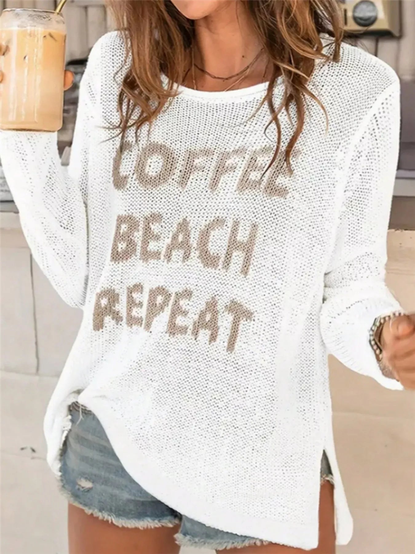 Coffee Beach Letter Side Slit Knit Top in White for Women