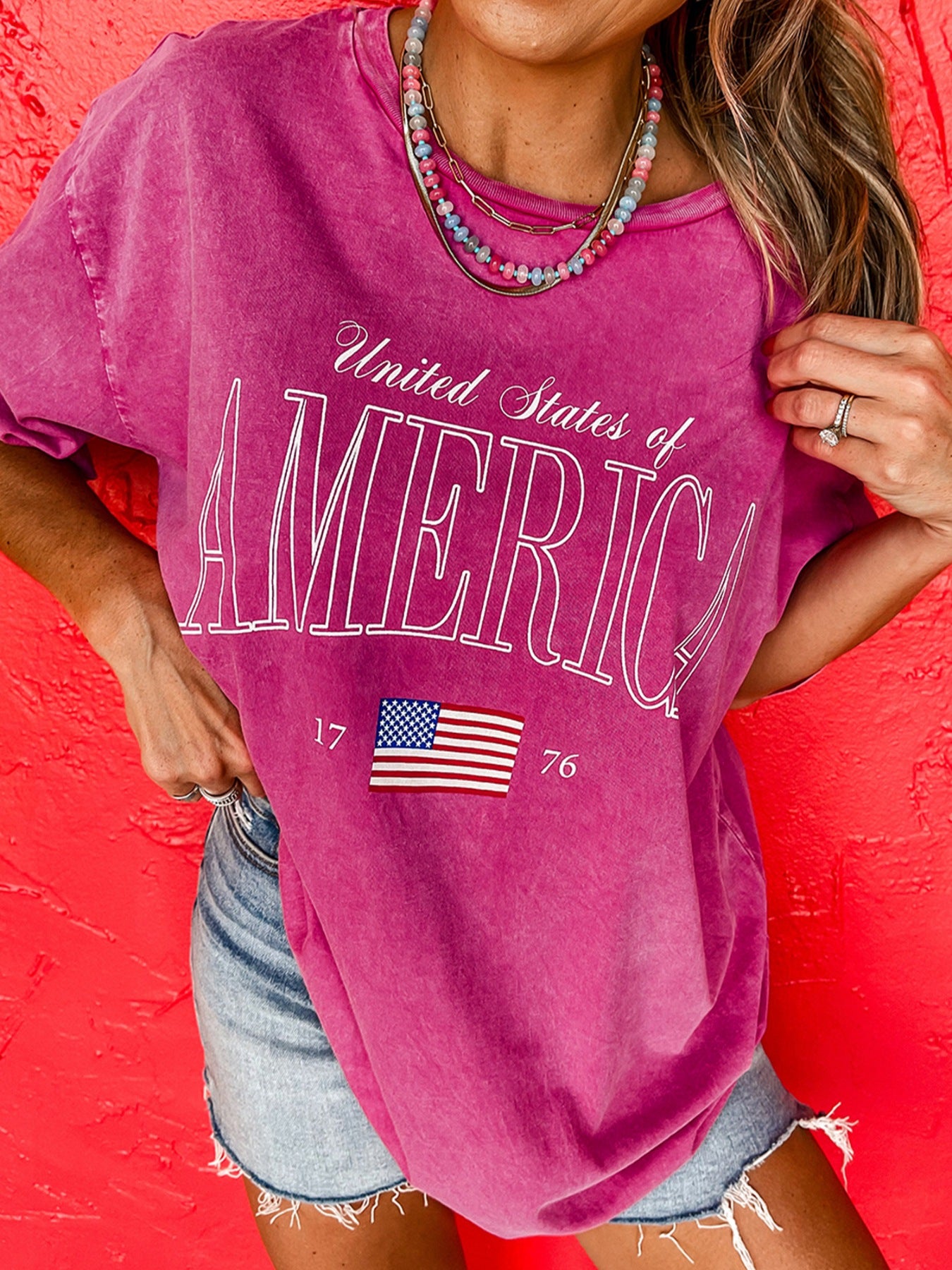 America 1776 Graphic Mineral Wash Cotton Tee in Cerise for Women