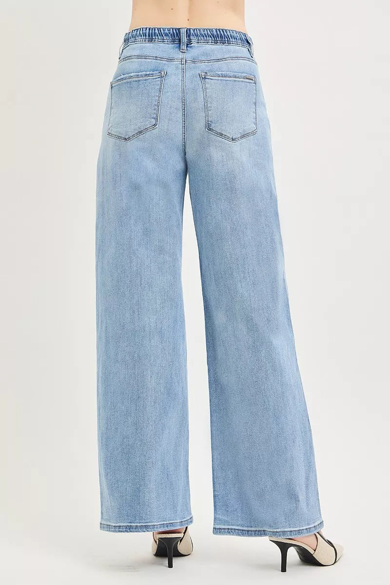 Elastic Band Slouchy Wide Jeans with Drawstring in Light for Women