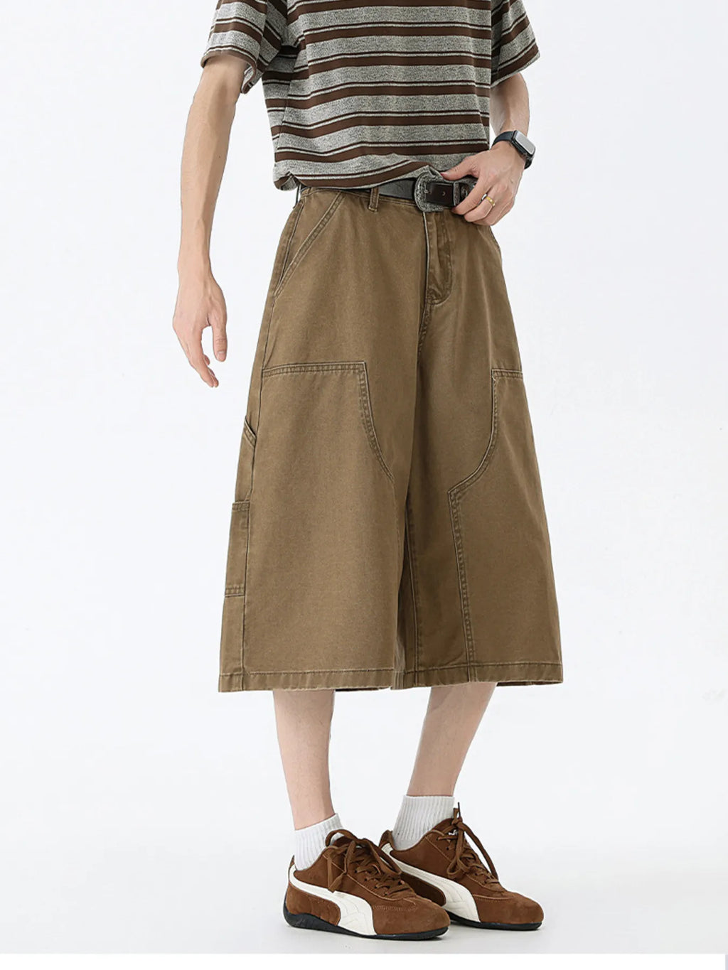 Wide Leg Cargo Denim Shorts Plus Size in Off-White for Men