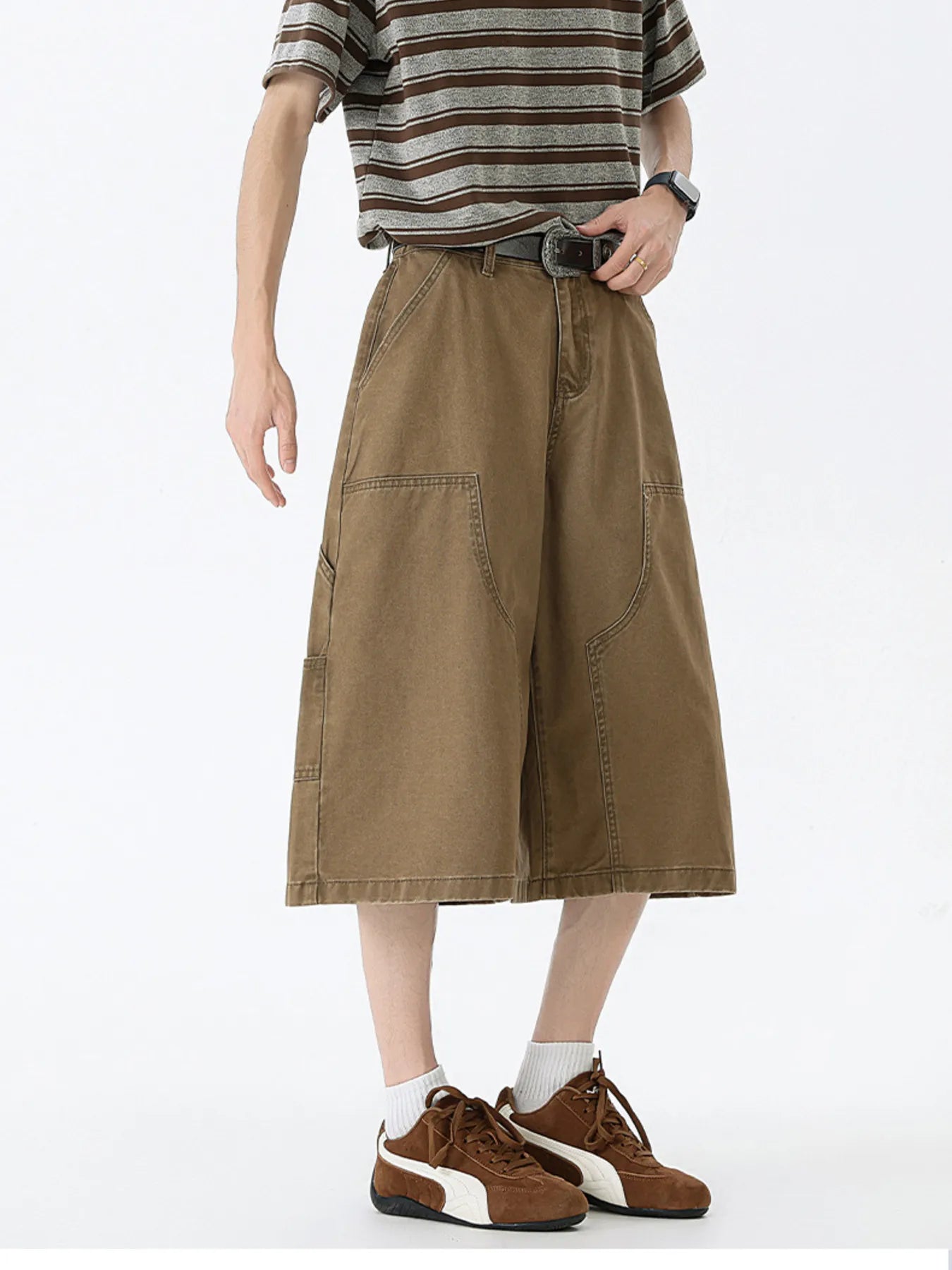 Wide Leg Cargo Denim Shorts Plus Size in Off-White for Men