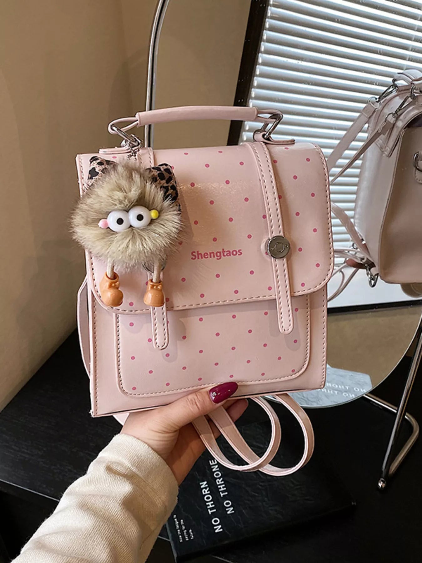 Polka Dot Backpack Bag in Blush Pink for Women