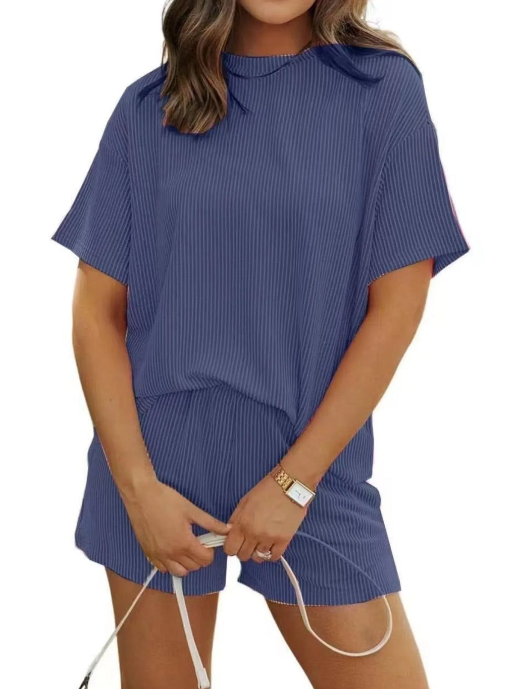 Ribbed Short Sleeve Top and Shorts Two-Piece Set Plus Size in Red for Women