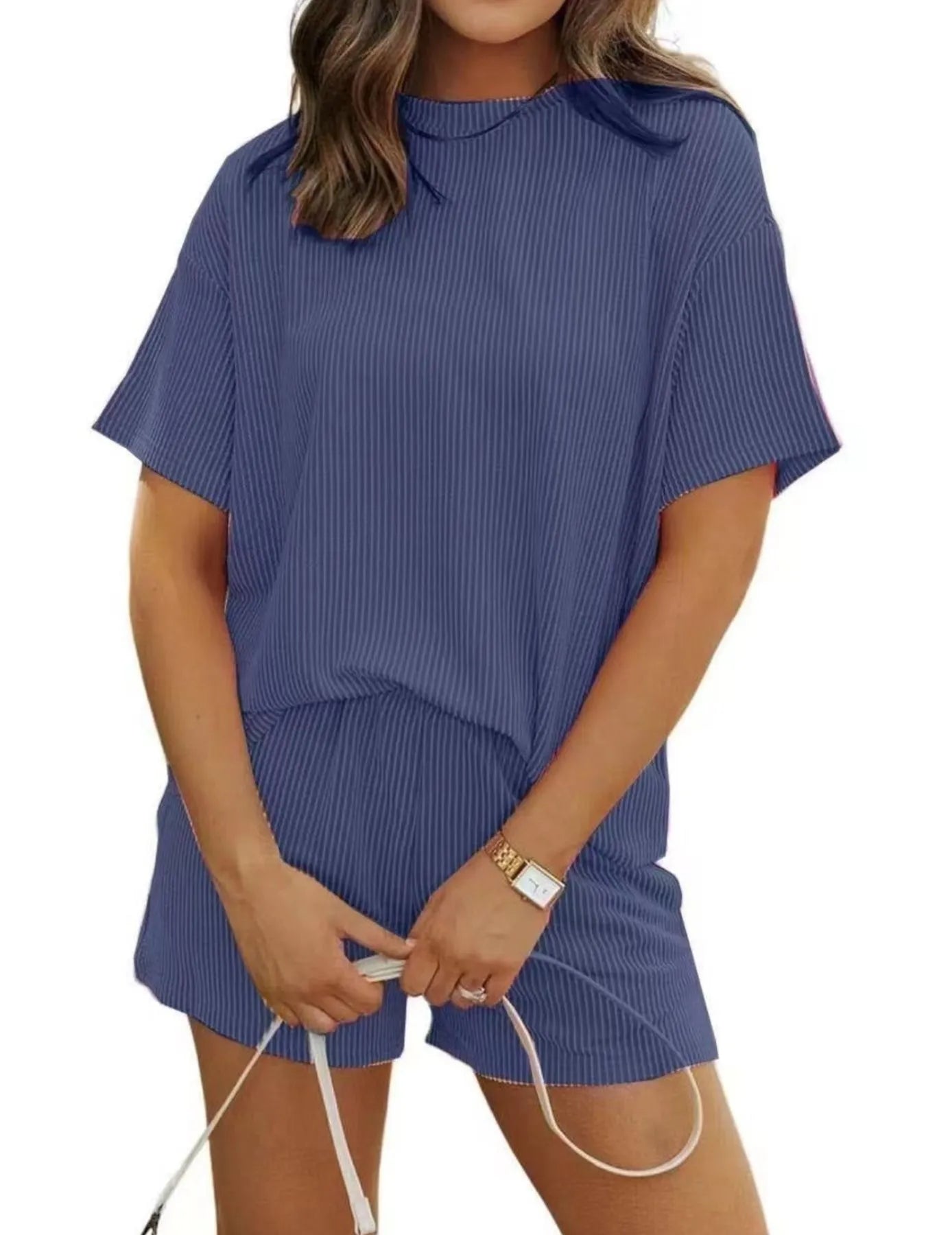 Ribbed Short Sleeve Top and Shorts Two-Piece Set Plus Size in Red for Women